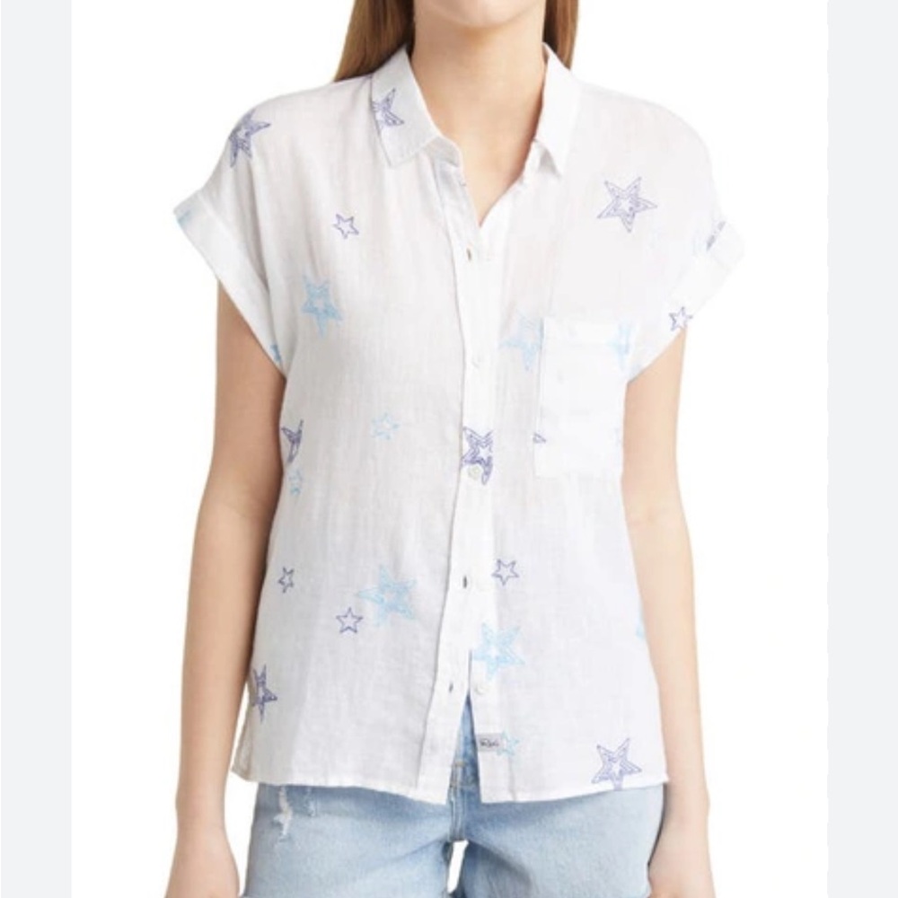 Rails NWT Whitney Navy Stitched Stars on White XL Linen Button Down - Picture 7 of 7